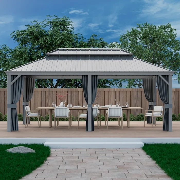 Kozyard 20 (ft) x 12 (ft) Alexander Gray Hardtop Gazebo with Privacy Curtain and Mosquito Netting