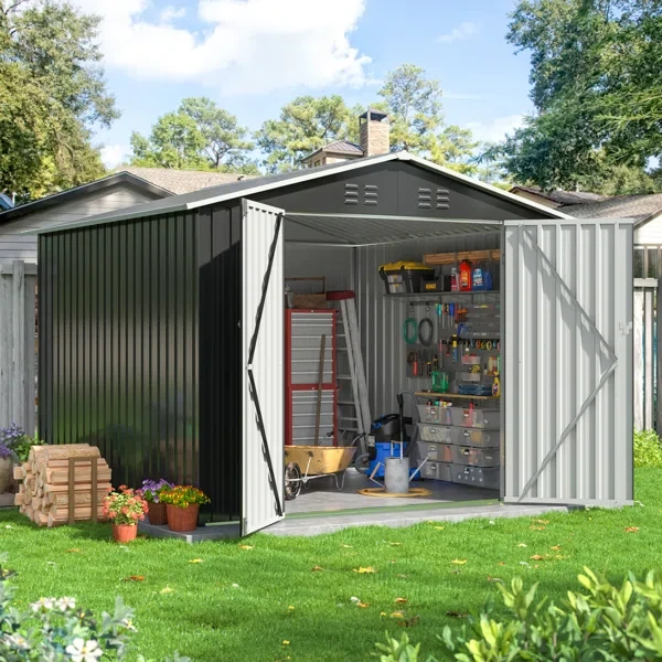 76.3" H x 98.4" W x 98.4" D Outdoor Metal Storage Shed with Updated Frame Structure and Lockable Doors