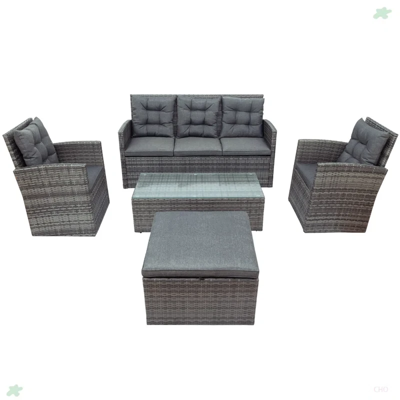 5-Piece Outdoor UV-Resistant Patio Sofa Set With Storage Bench All Weather PE Wicker Furniture Coversation Set