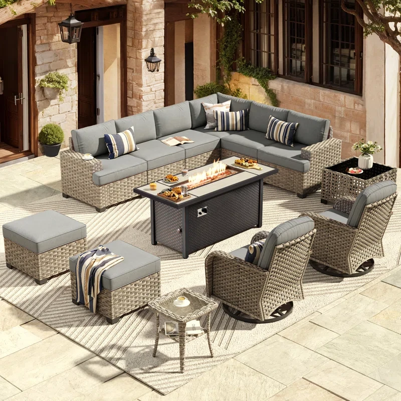 13 Piece Patio Sectional Furniture With Swivel Rocking Chairs, Rattan Wicker Coversation Set With Glowing Coffee Table, Outdoor Sofa Set With Fire Pit For Outside Porch Balcony Backyard Pool