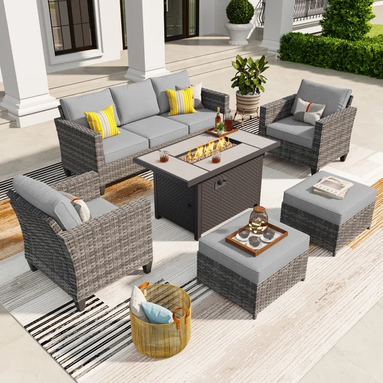 Townsey 5 Piece Rattan Sofa Seating Group with Cushions and Firepit