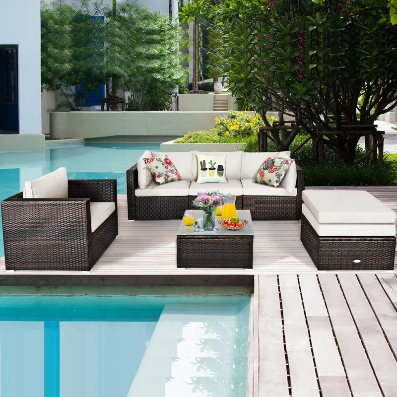 Patiojoy 7 Piece Rattan Sectional Seating Group with Cushions