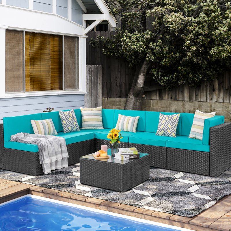 Knights 7 Piece Rattan Sectional Seating Group with Cushions