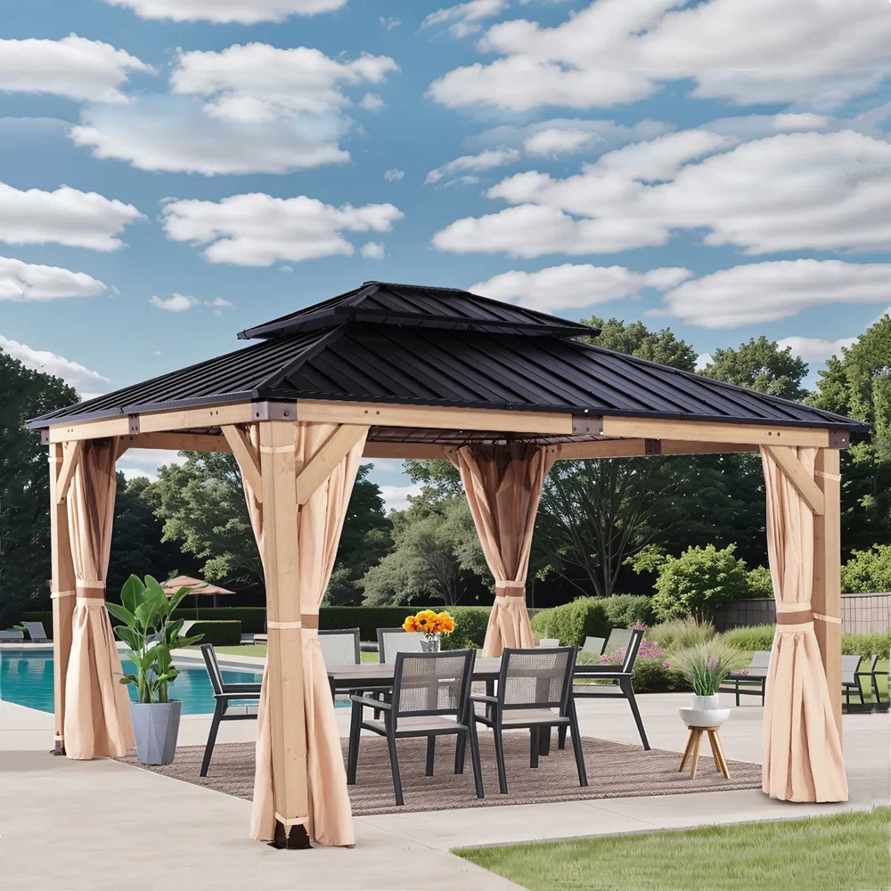 13 Ft. W x 11 Ft. D Solid Wood Patio Gazebo with Curtain