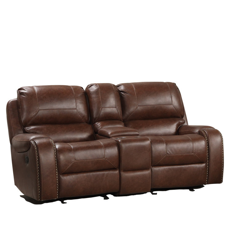 Brown Leather-air Nailhead Manual Reclining Sofa With Storage Console And Usb Port