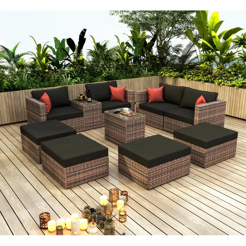 10 Pieces Outdoor Patio Garden Wicker Sectional Conversation Sofa Set with Cushions and Pillows