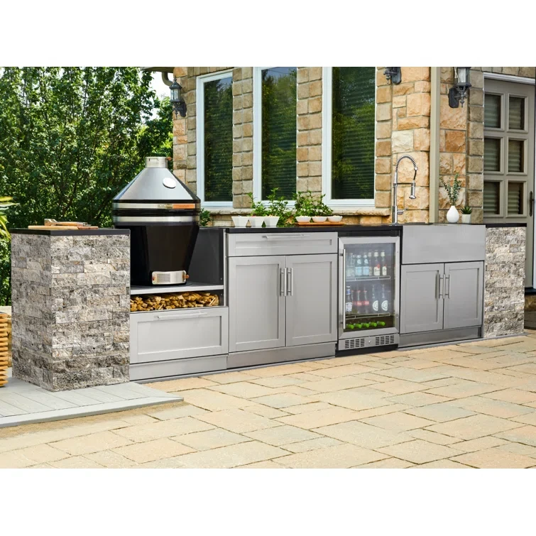 Outdoor Kitchen Signature Series 8 Piece L Shape Cabinet Set with 33 in. Natural Gas Platinum Grill