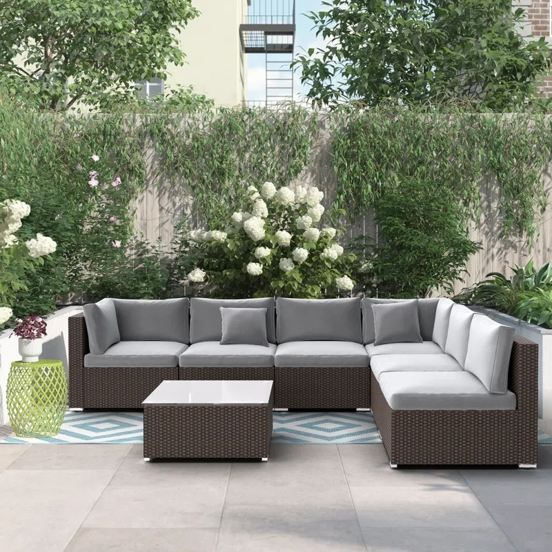 Aarsh PVC Rattan Wicker Sectional Sofa Set w/Ergonomic Curved Armrest, Outdoor Conversation Set w/Waterpro