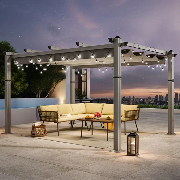 10ftx13ft Outdoor Pergola with Retractable Canopy Shelter