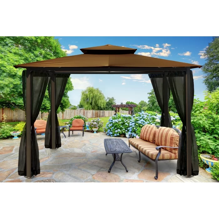 Barcelona 10 Ft. W x 12 Ft. D Aluminum Patio Gazebo with Mosquito Netting and Privacy Curtains