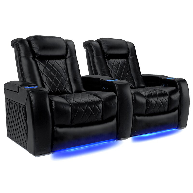 Tuscany Leather Home Theater Seating with Cup Holder Leather Type:  Midnight Black Genuine Leather