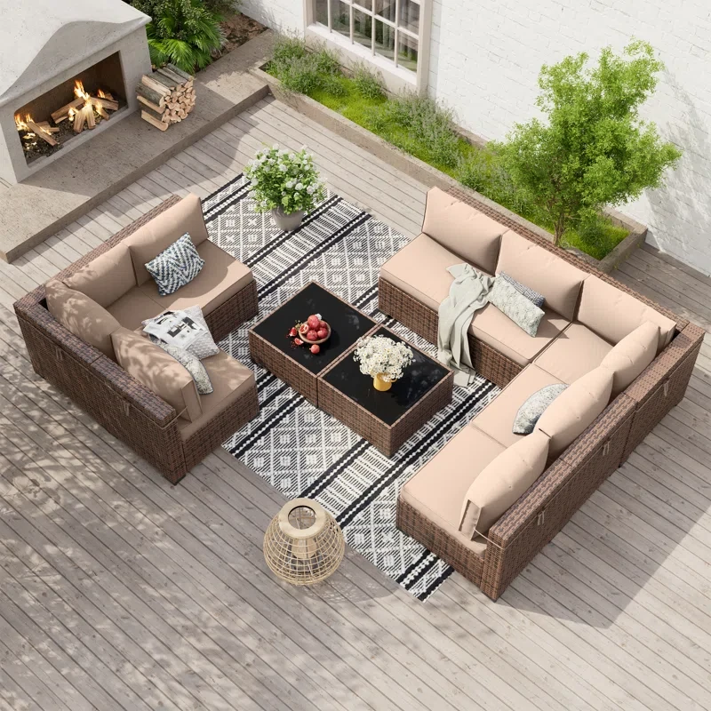 Modular 8-Person Rattan Sectional Conversation Sets With 2 Coffee Table