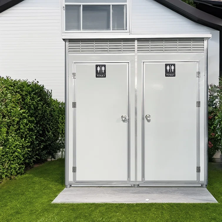 6 ft. 6 in W x 3 ft. 5 in. D Metal Portable Shed with Double Stall Flushing Restroom and Sink