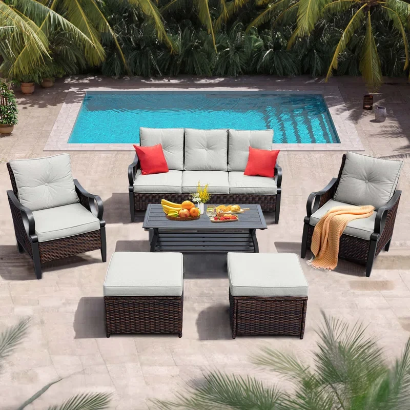 6 Pcs Outdoor Sectional Sofa With Reclining Backrest, Ottomans