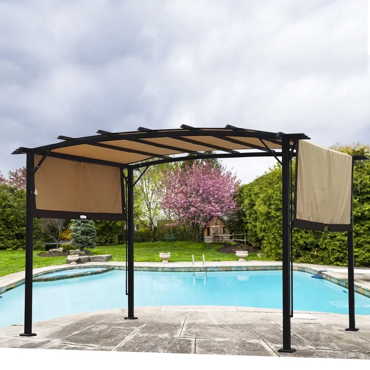 12X9 Ft Metal Pergola Gazebo With Retractable Shade Canopy