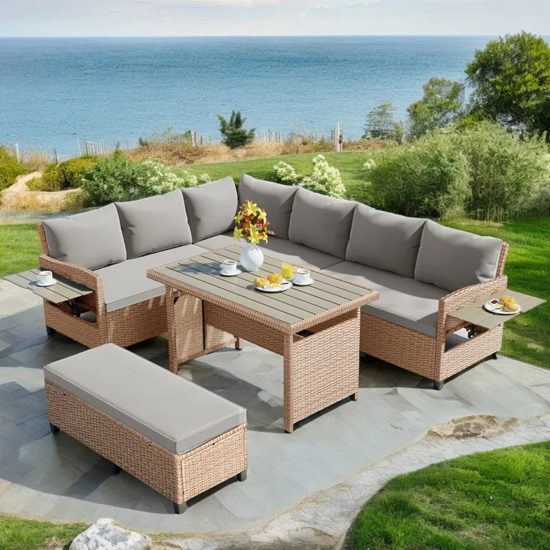 5 Piece Rattan Sectional Seating Group with Cushions