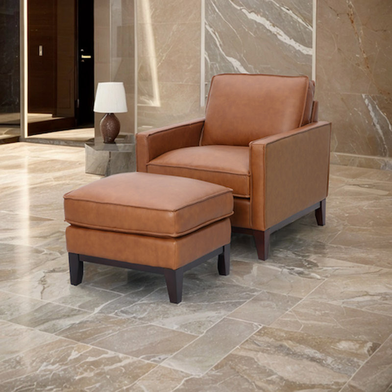 Camel Brown Top Grain Leather Armchair With Ottoman