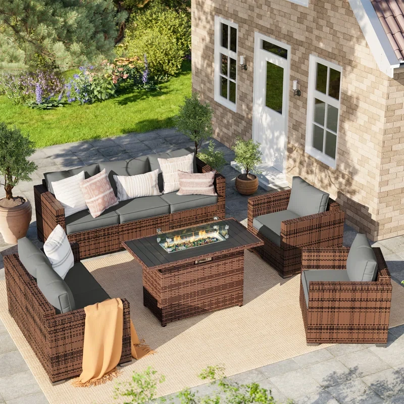 Azoriah Wicker 7 - Person Outdoor Seating Group with Fire Pit Table