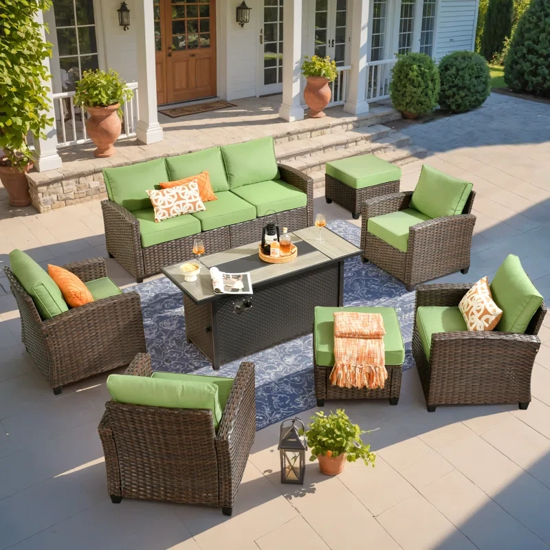 Patio Furniture Set With Firepit Table, 8 Pieces Outdoor Wicker Rattan Sofa Couch With 4 Chairs, Ottomans And Comfy Cushions, All Weather High Back Conversation Set Garden Backyard