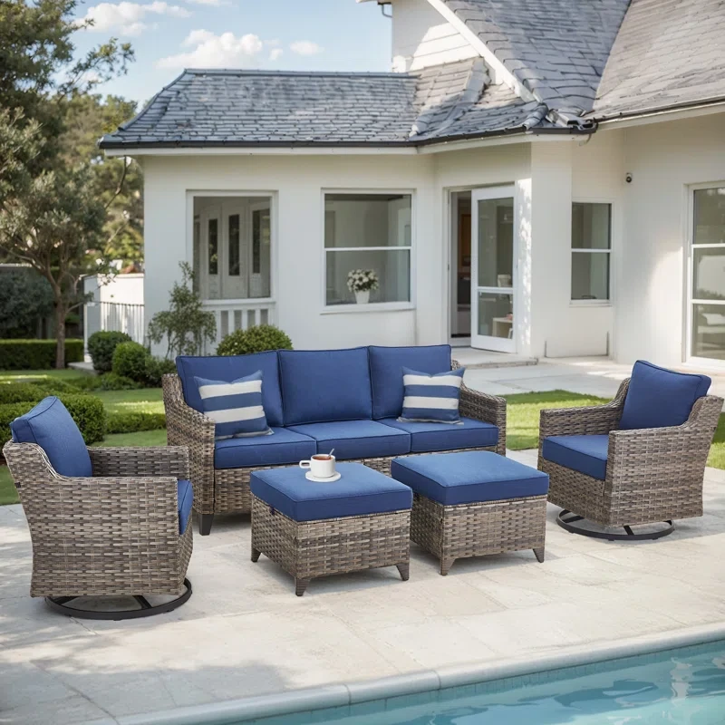 Lark Manor™ 5 Pieces Outdoor Wicker Patio Conversation Furniture Set, 5-Person Seating Group With Swivel Chairs & Ottomans, All-Weather PE Rattan Outdoor Sofa Set For Poolside, Garden, Deck, Blue, Bei