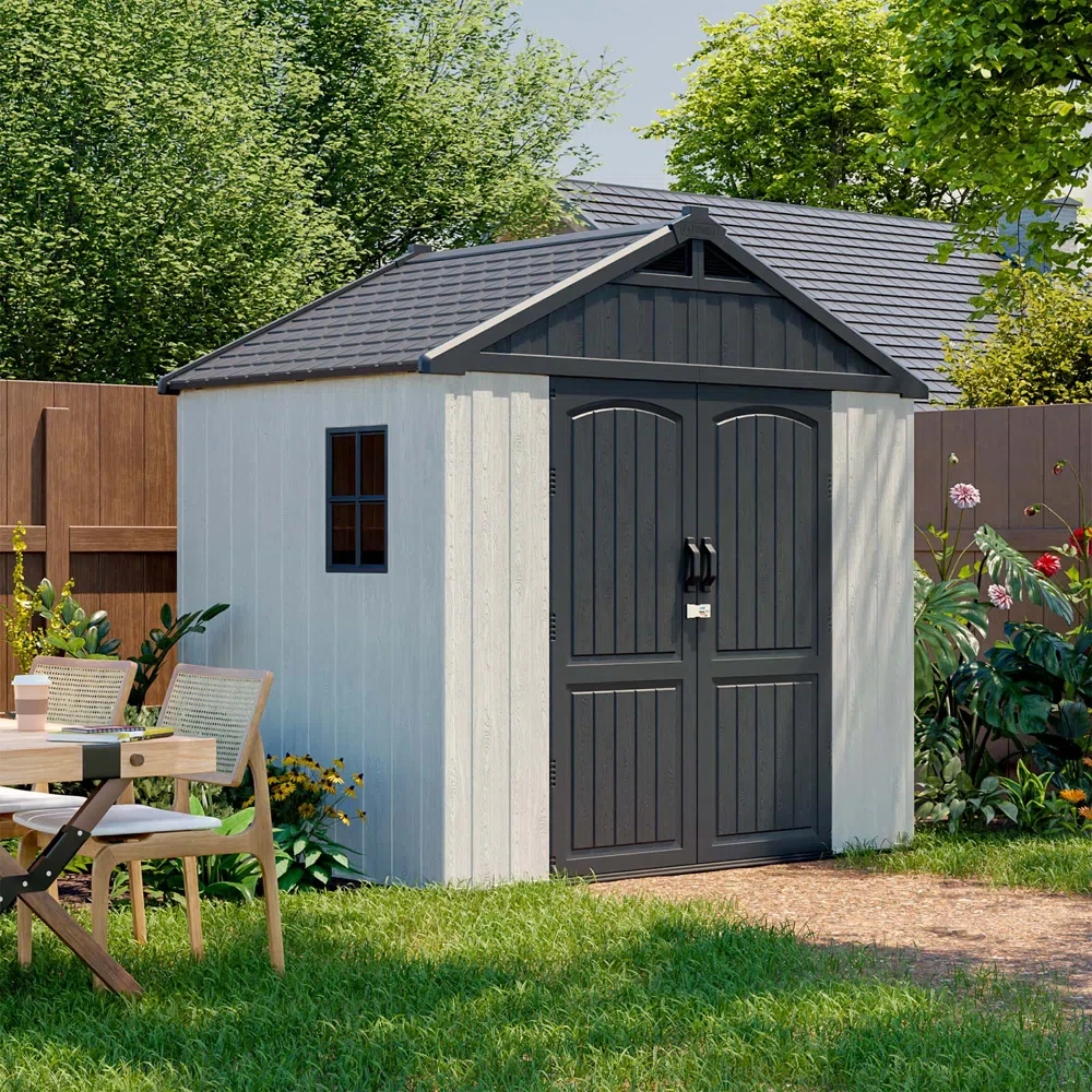 8 ft. W x 6 ft. D Plastic Storage Shed with Floor, Resin Shed with Reinforced Steel Structure, Beige