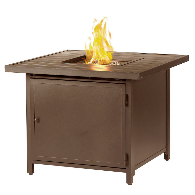 Raeann Square 32 In. X 32 In. Aluminum Propane Fire Pit Table With Glass Beads, Two Covers, Lid, 37,000 Btus In Brown Finish