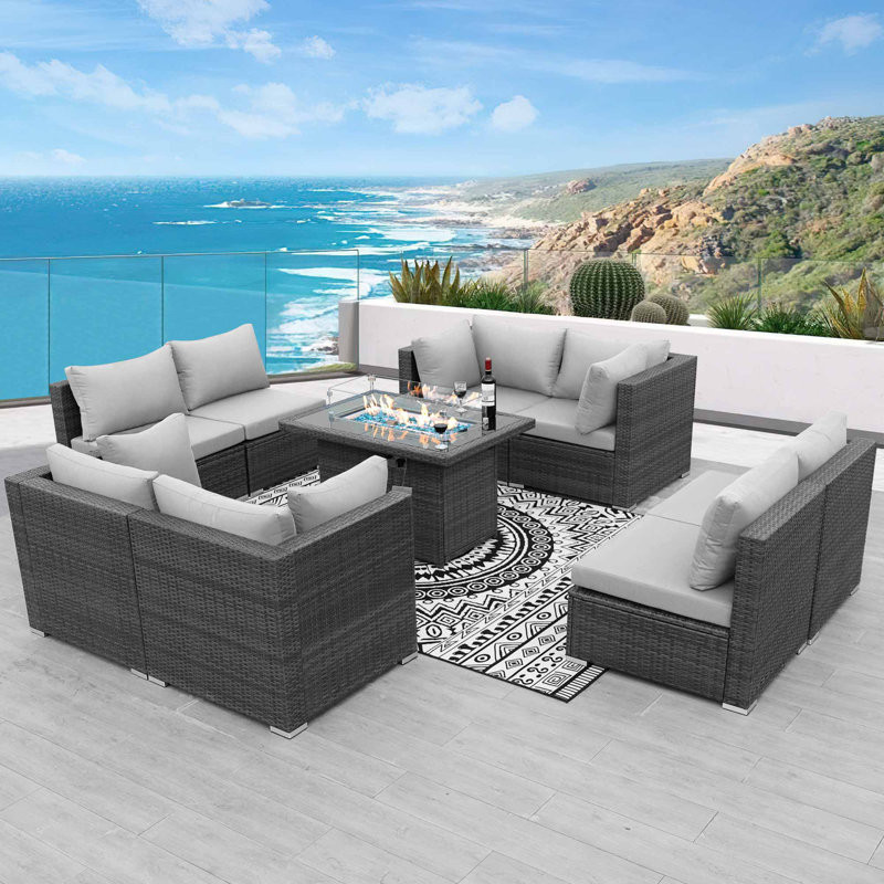 Patio Furniture Conversation Sofa Set with Firepit Table and Cushions