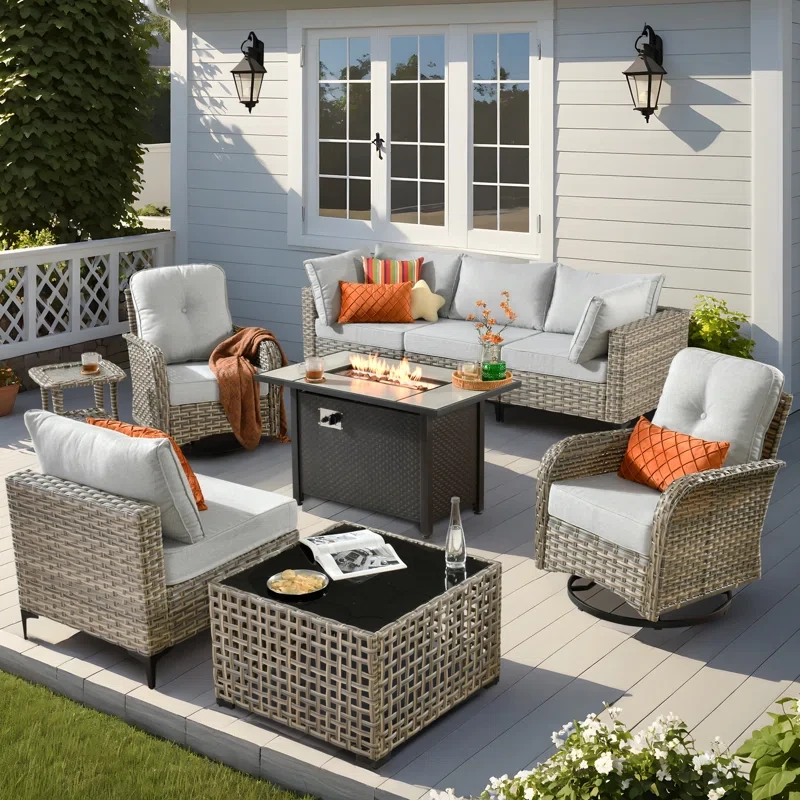 6 Seats High Quality Pe Rattan Outdoor Furniture Sofa With Rocking Chair And Stove, Can Be Freely Combined