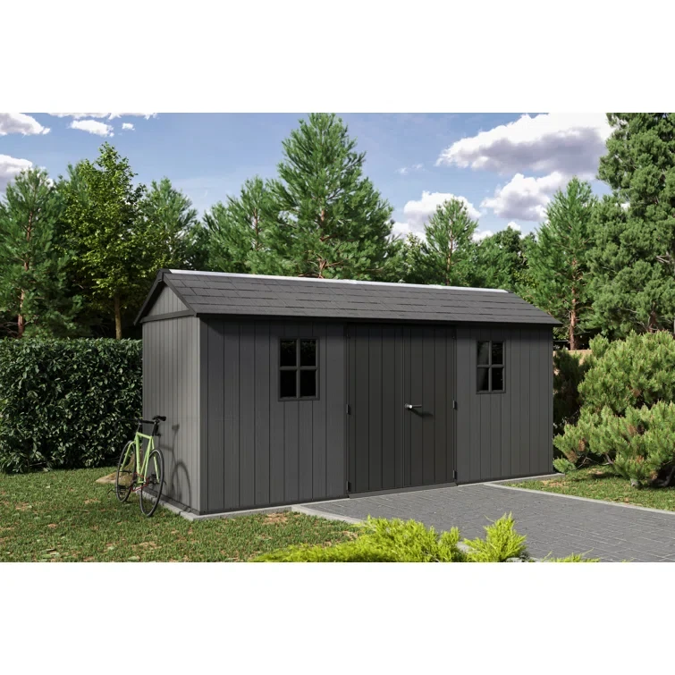 Keter 96.8" H x 90.5" W x 187.4" D Newton Plus Durable Resin Outdoor Storage Shed With Double Doors for Patio Furniture and Tools, Graphite