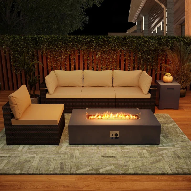 Bouno 56-inch Outdoor Propane Gas Fire Pit Table 50000 BTU Iron Rectangle Fire pit for Outside Patio with Removable Lid, Lava Rocks, Rain Cover, Glass Wind Guard,Propane Tank Cover