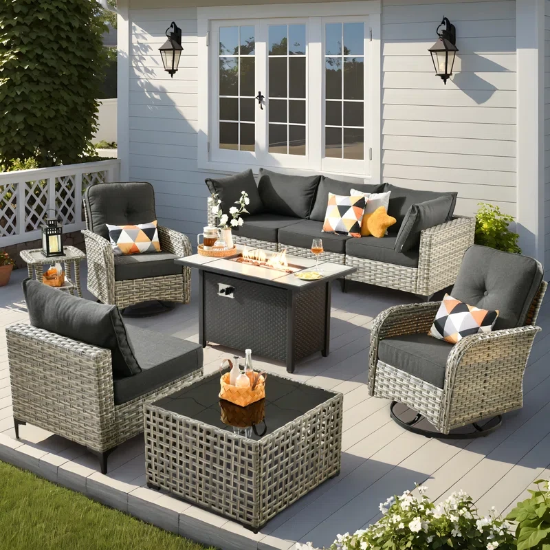 6 Seats High Quality Pe Rattan Outdoor Furniture Sofa With Rocking Chair And Stove, Can Be Freely Combined