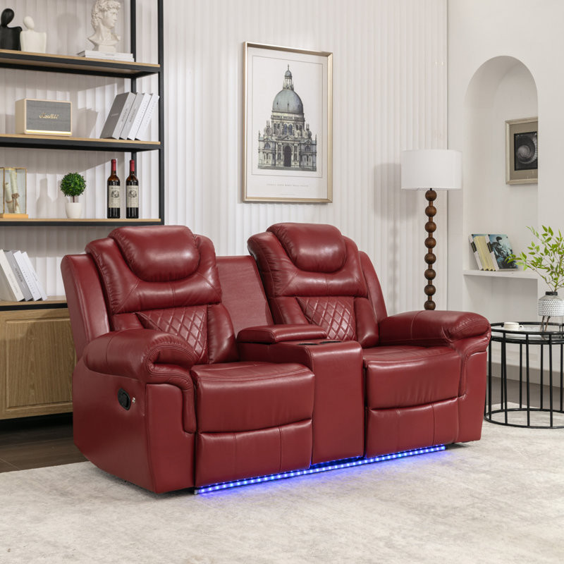 Home Theater Seating Manual Recliner Loveseat With Hide-Away Storage, Cup Holders And LED Light Strip For Living Room