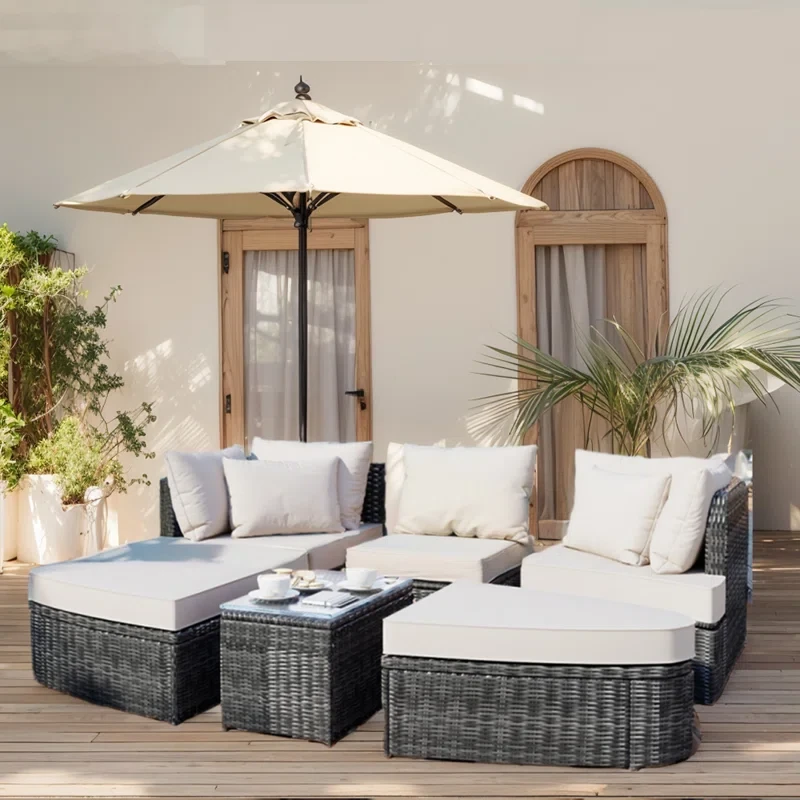 6-Piece Wicker Outdoor Sectional Set With Cushions & Coffee Table, Patio Conversation Round Sofa Set