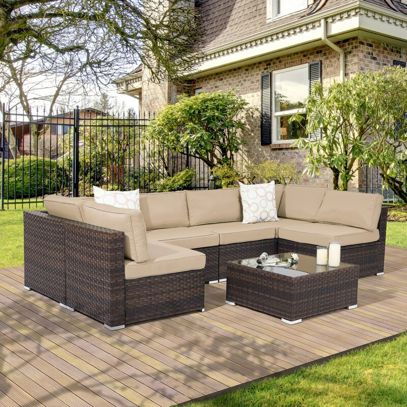 Outdoor 7 Pieces Sectional Sofa Conversation Sets, Patio PE Wicker Rattan Woven, Washable Sponge Cushions With Tea Table