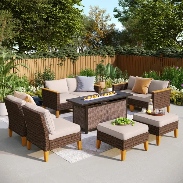 Argyri 8-Piece Wicker Outdoor Patio Conversation Furniture Sectional Set with Fire Pit Table