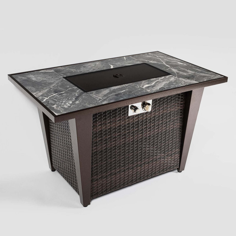 Steel Fire Pit Table with Tile Tabletop, Glass Wind Guard and Lid