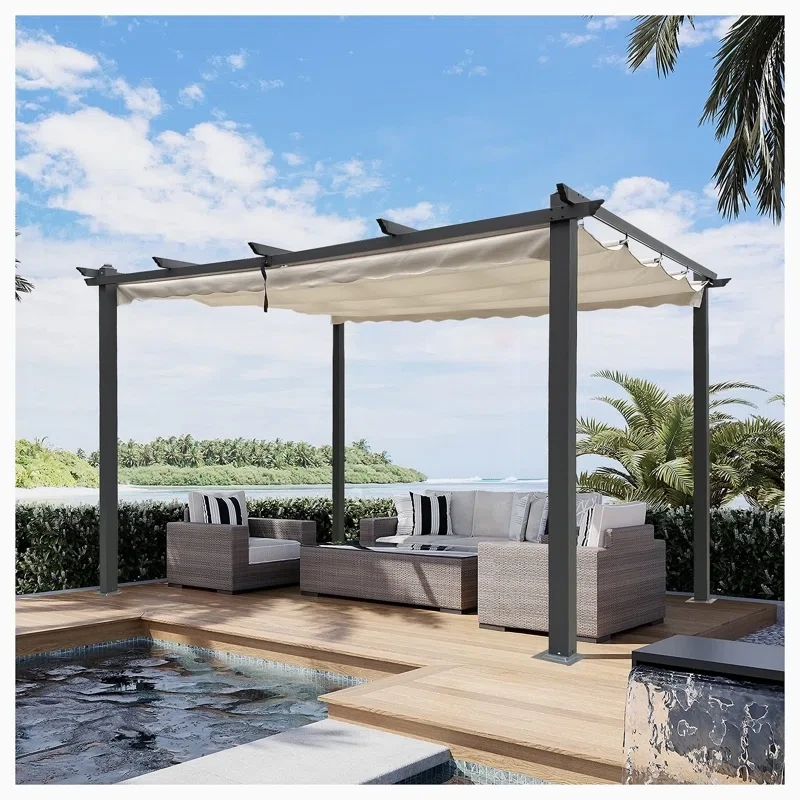 13x10ft Outdoor Patio Retractable Pergola with Canopy Sun Shelter