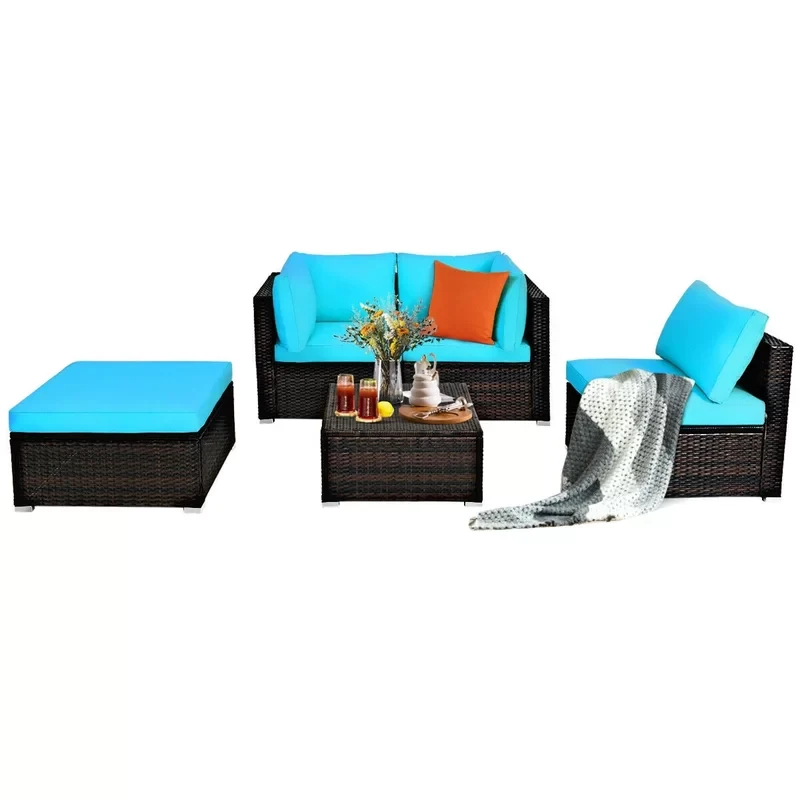 Averyon 5 Pieces Outdoor Patio Rattan Sectional Conversation Set with Cushions