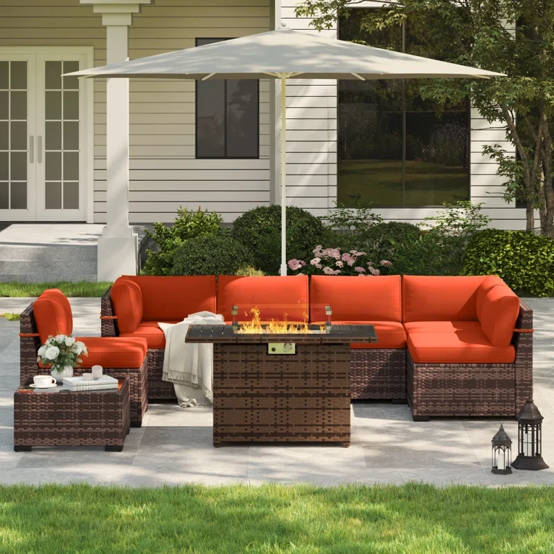 Rikuto 6 - Person Outdoor Slanted-Back Sectional Sofa With Coffee Table & Firepit