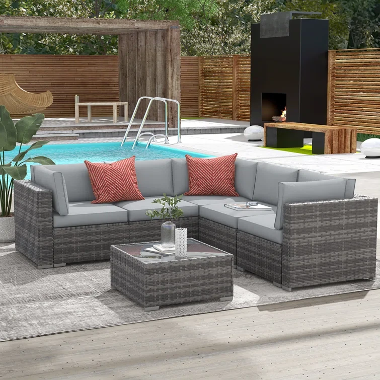 Alexaundra Patio 6 Piece Rattan Sectional Seating Group with Cushions