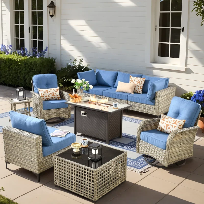 6 Seats High Quality Pe Rattan Outdoor Furniture Sofa With Rocking Chair And Stove, Can Be Freely Combined