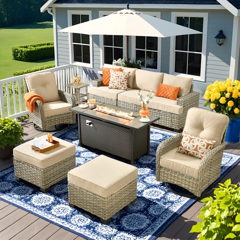 9 Piece Sofa Seating Group With Fire Pit And Cushions