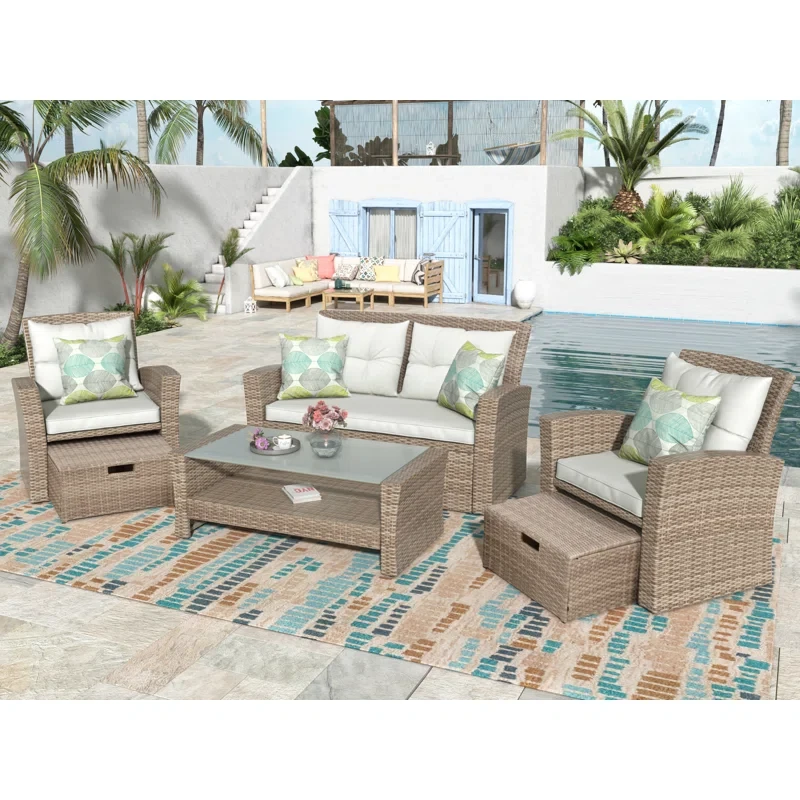 4 Piece Outdoor Conversation Set All Weather Wicker Sectional Sofa With Ottoman And Cushions