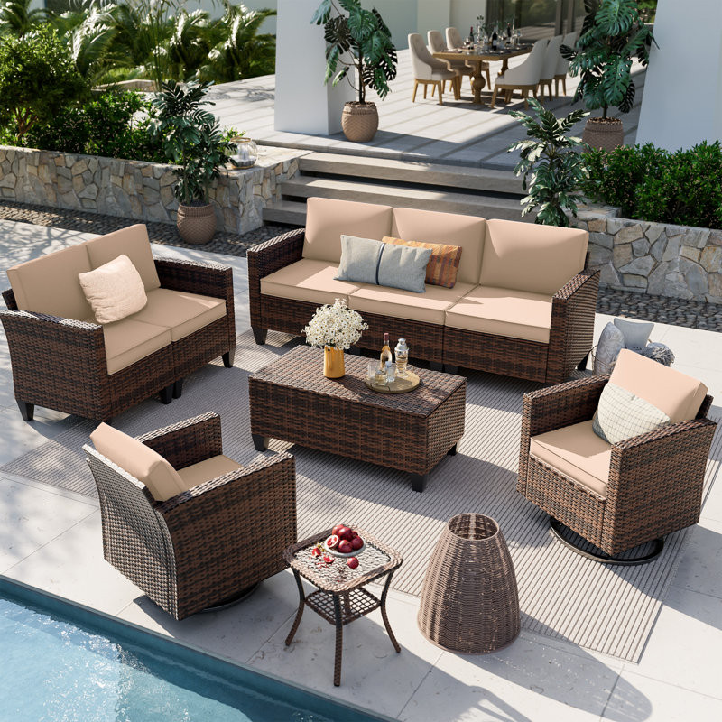 6 Piece Outdoor Wicker Sofa With Swivel Rocking Chairs