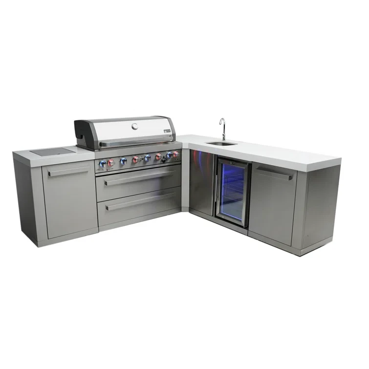 Mont Alpi 6-Burner 90 Degree Stainless Steel Island BBQ Grill + Faucet & Sink Combo + Refrigerator