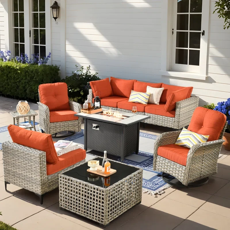 6 Seats High Quality Pe Rattan Outdoor Furniture Sofa With Rocking Chair And Stove, Can Be Freely Combined