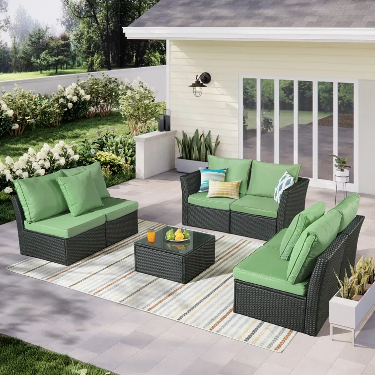 Arlington 7-piece Multi-functional Wicker Patio Set With Green Tea Cushions