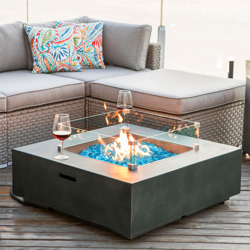 Outdoor Propane Square Fire Pit Table, Celadon Faux Stone 35-Inch Planter Base, 50,000 BTU Stainless Steel Burner, Blue Fire Glass And Rain Cover, Metal Lid