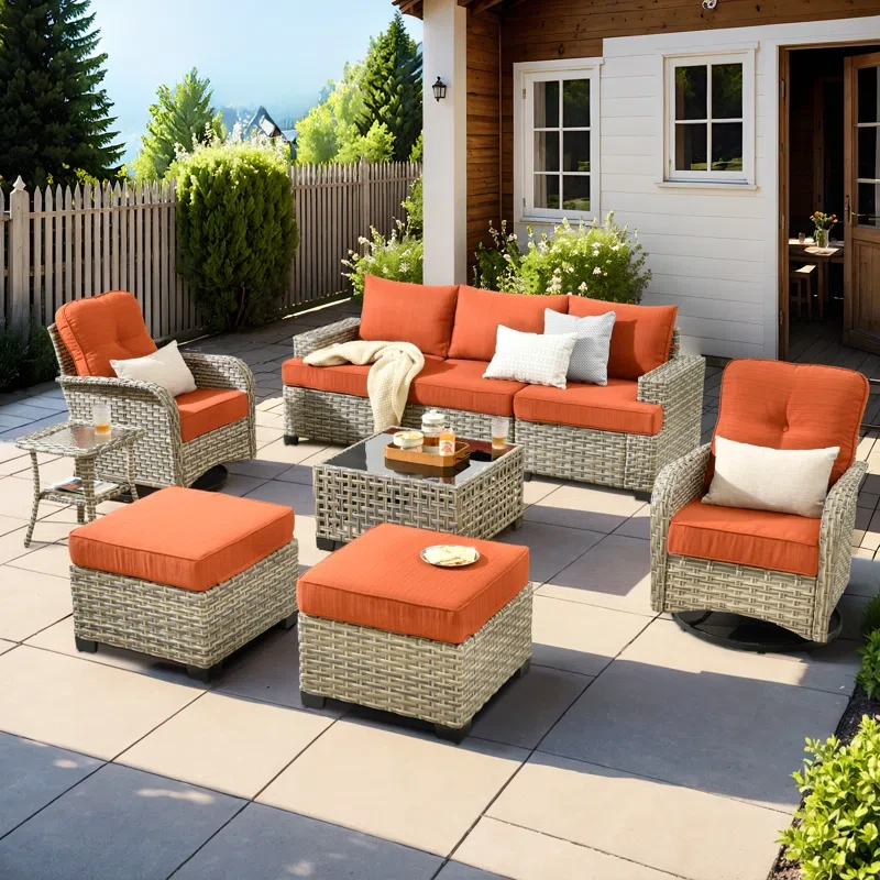 Tommy Outdoor Wicker 5 Person Seating Group With Cushions And Ottomans