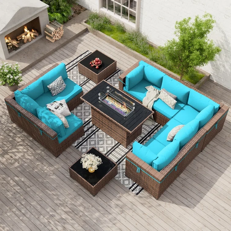 Mecayla 8-Person Rattan Wicker Set with Fire Pit Table